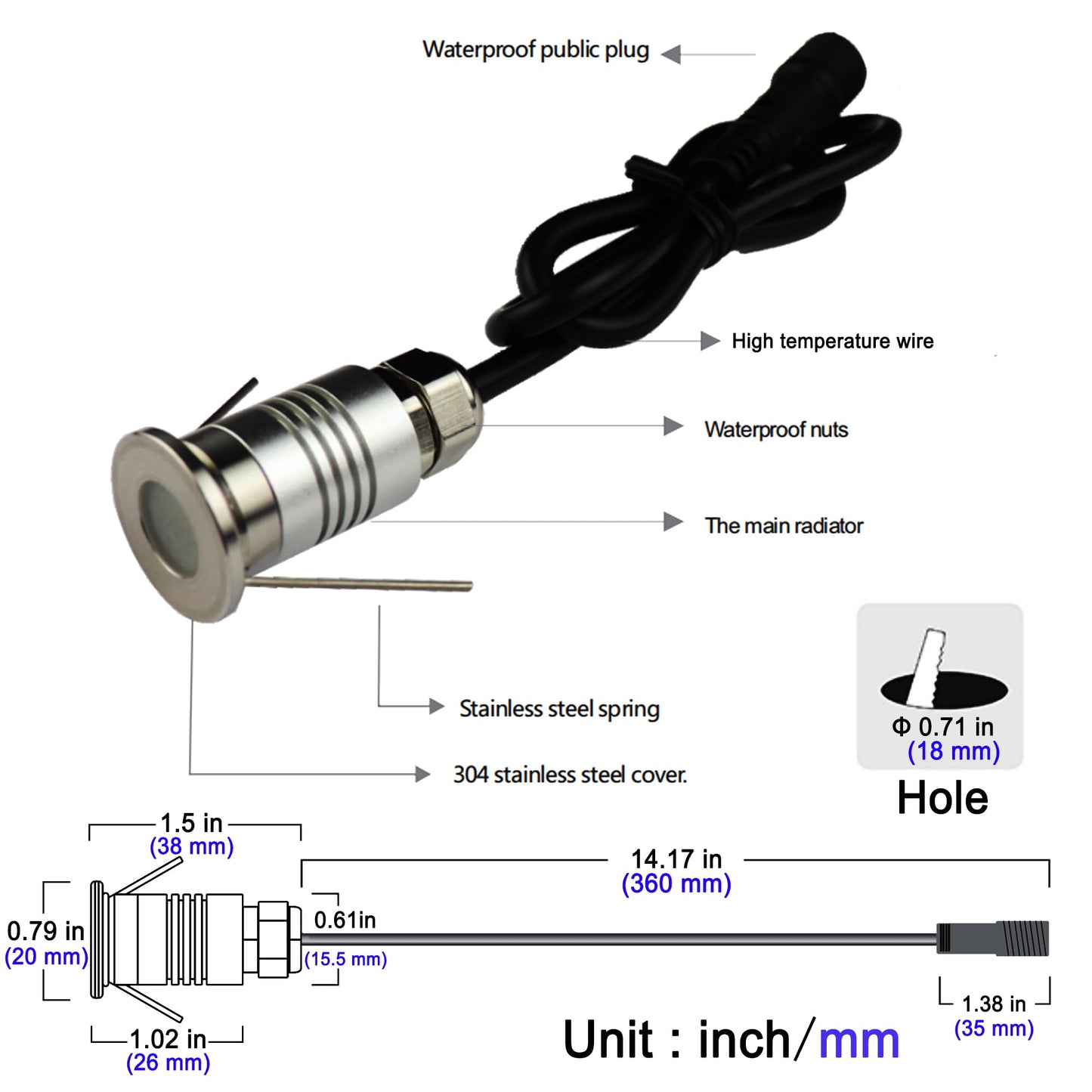 CNBRIGHTER LED Mini In-Ground Well Light-Finger Size,1W 12V DC,120° Wide Beam Angle,IP67 Waterproof,Recessed Marker Indicator Underground Outdoor Landscape Lighting,Warm White-3000K (1 Pack)