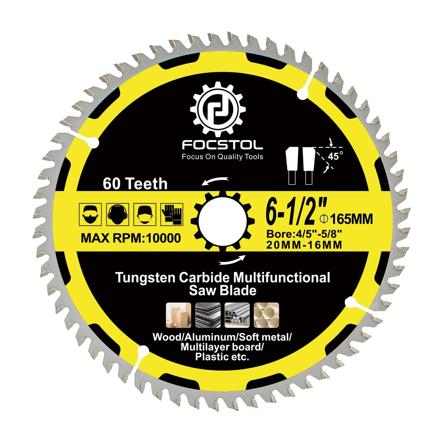 6-1/2 Inch Wood Cutting Circular Saw Blade - FOCSTOL 60 Tooth TCT Cutting Blade with 4/5 Inch Arbor for Wood Plastic Aluminum Copper