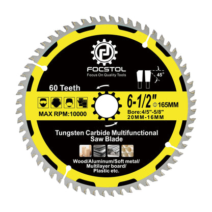 6-1/2 Inch Wood Cutting Circular Saw Blade - FOCSTOL 60 Tooth TCT Cutting Blade with 4/5 Inch Arbor for Wood Plastic Aluminum Copper