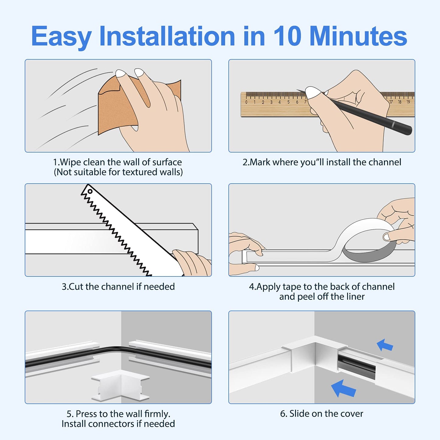 Yecaye 250" Cable Concealer, 16 Pack Cord Hider Wall Cable Management System, Paintable PVC Wire Cover Raceway Kit for a Power Cord, Ethernet Cable, Speaker Wire, Each L15.7in, W 0.59in H 0.4in, White