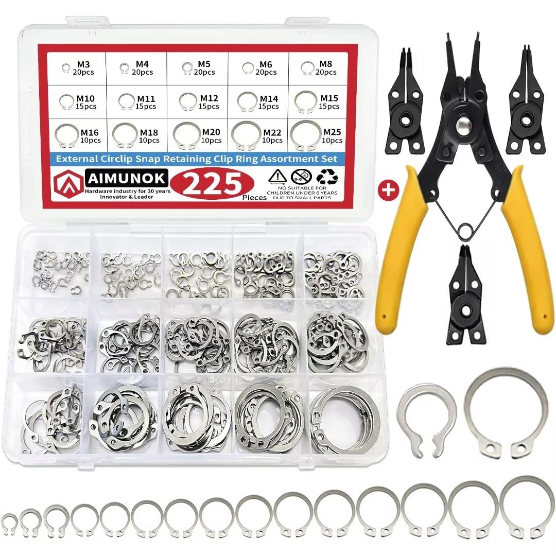 225-Pc Snap Ring Kit with Pliers - 15 Sizes (M3 to M25), 304 Stainless Steel - Essential for Canadian DIYers, Mechanics & Engineers
