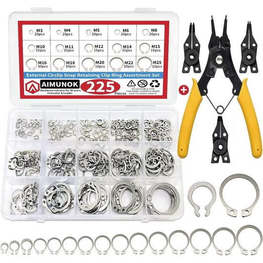 225-Pc Snap Ring Kit with Pliers - 15 Sizes (M3 to M25), 304 Stainless Steel - Essential for Canadian DIYers, Mechanics & Engineers