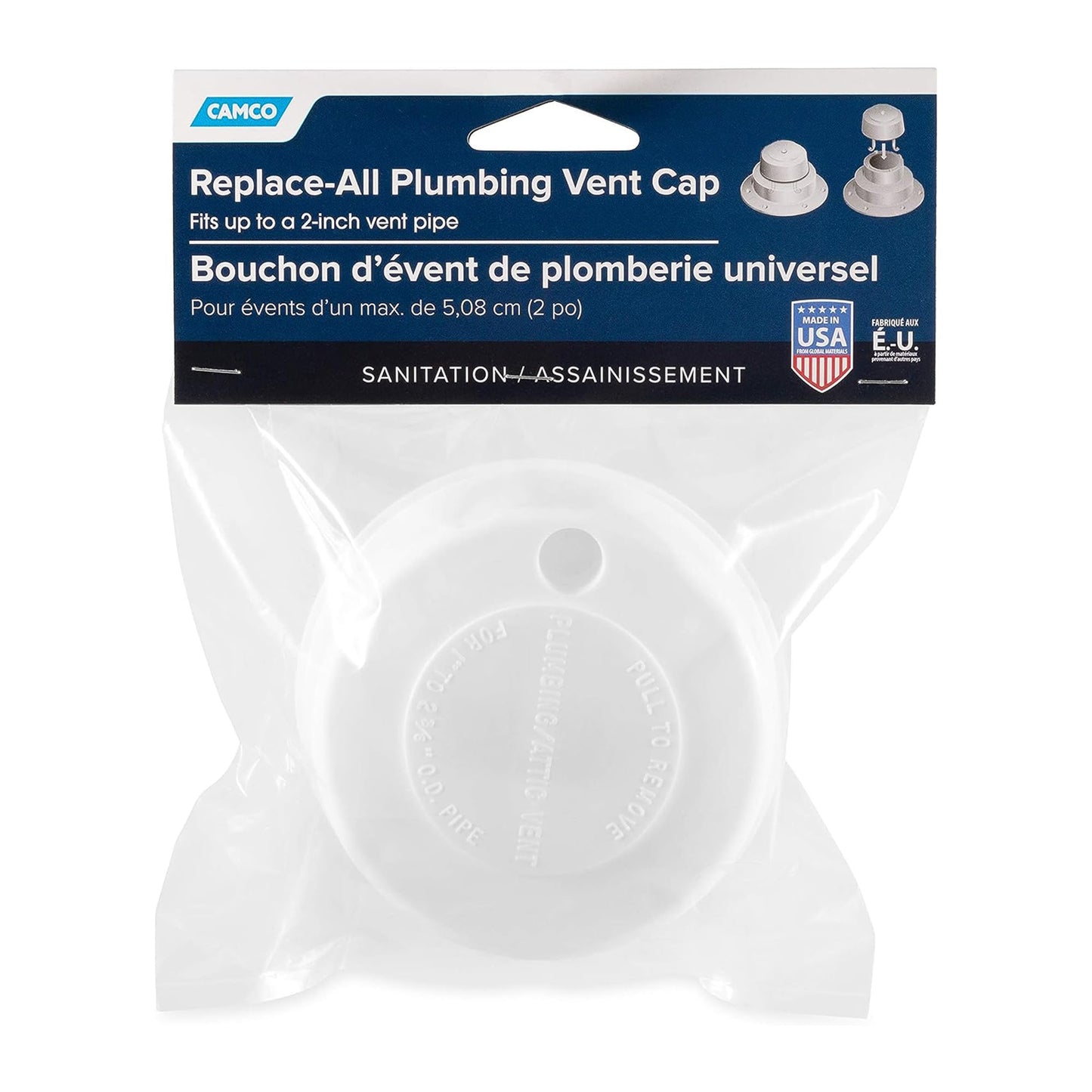 Camco Replace-All Plumbing Vent Cap with Spring Attachment - Replaces Lost or Damaged RV Plumbing Vent Caps | Fits Up to 2 inch Plumbing Vent Pipe - White (40034)