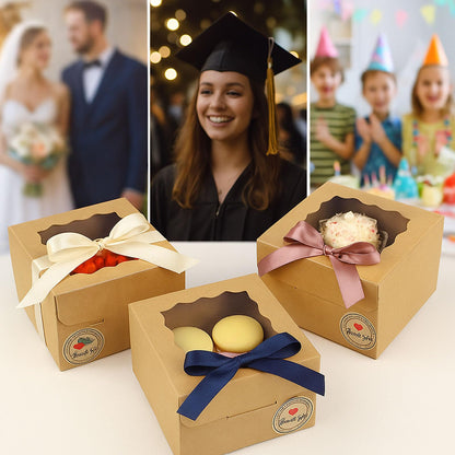 30 Pack Cake Boxes 6X6X3 Inch Small Pastry Box with Clear Window Kraft Cardboard Bakery Box with Stickers Perfect for Cake Treats Donuts,Chocolates,Candies Desserts