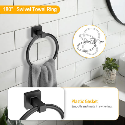 4Pcs Bathroom Hardware Set SUS304 Stainless Steel Wall Mount, Include 24" Bath Towel Bar, Hand Towel Ring, Robe Towel Hook, Toilet Paper Holder, Square Bathroom Accessories Rack Set, Matte Black