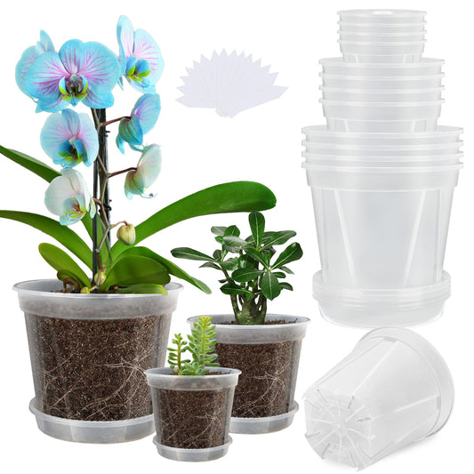 YALIOURS Clear Nursery Pots for Plants, 12Pack 4/5/6 inch Transparent Plastic Plant Pots with Drainage Holes, Garden Pots for Plants Flowers with 12Pack Trays and 15pcs Plant Labels