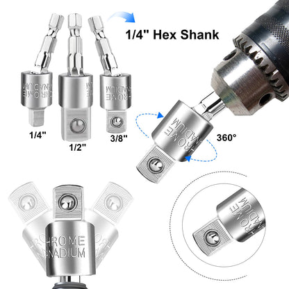 ZORKNOPT 26 PCS Flexible Drill Bit Extension Set with 2 PCS 105° Right Angle Drill Attachment, Bendable 1/2 3/8 1/4" Universal Socket Adapter & Screwdriver Bit Kit & Drill Bit Holder