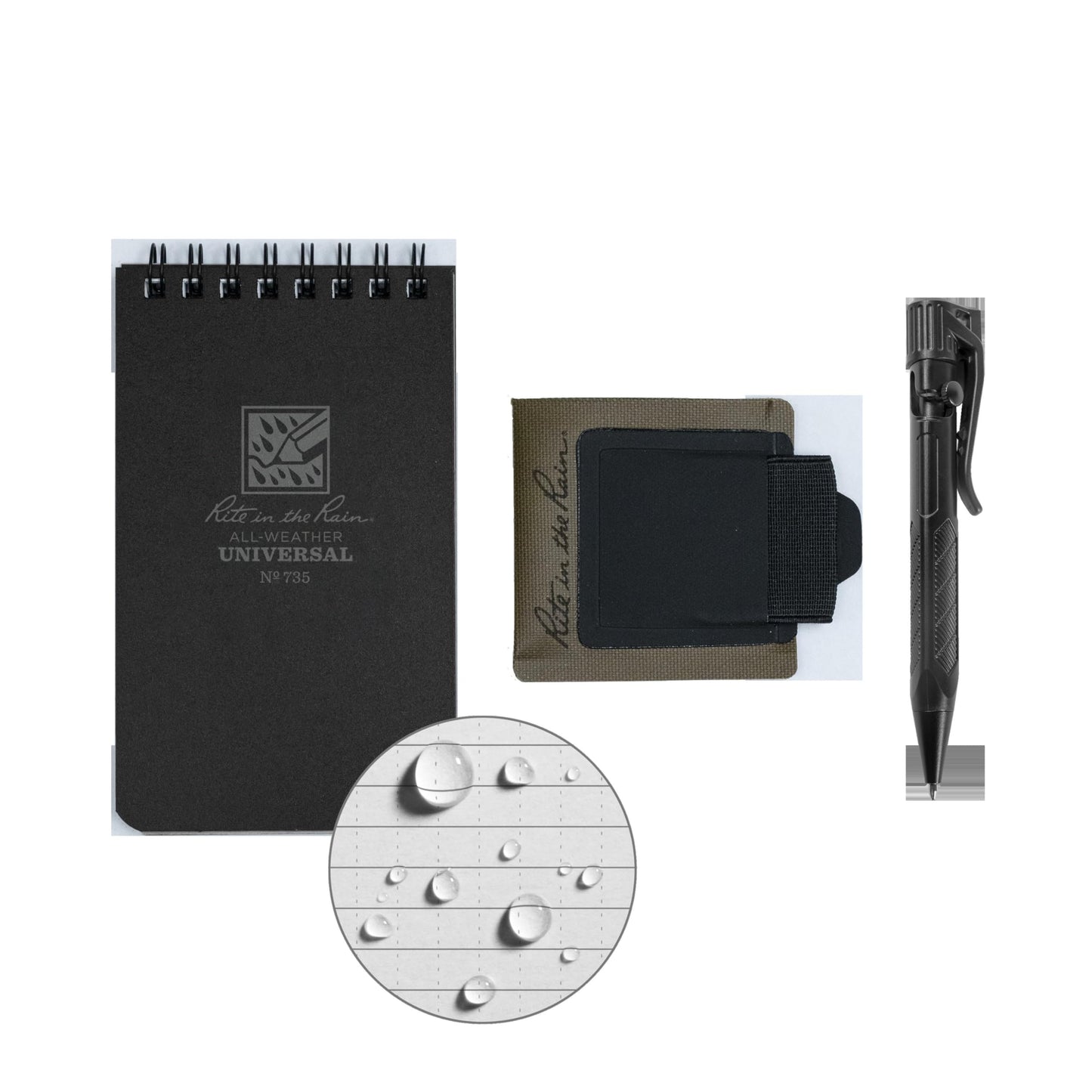 Rite in the Rain All-Weather Monsoon Adhesive Pen and Card Holder Kit, Black 3” x 5” Top-Spiral Notebook, and All-Weather Black Bolt-Action Pen (No. PH2-KIT)