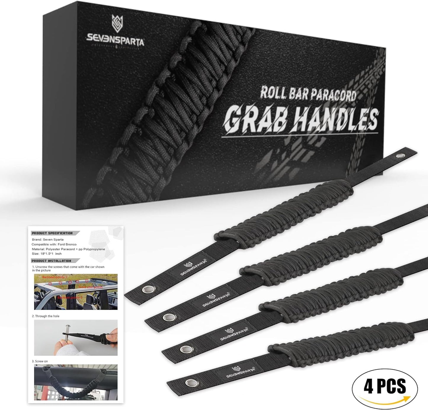 SEVEN SPARTA 4 Pack Roll Bar Grab Handles Compatible With Ford Bronco 2021-2024 2/4 Door, Paracord Grip Handle, Interior Accessories (Not Compatible With Bronco Sport)