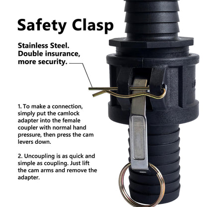 Camlock Fittings 1-1/2 Inch Type C & E Polypropylene Cam and Groove Hose Fitting Kit with 1-1/2" Female & Male Camlock x 1-1/2" Hose Shank (Hose Barb), Cam and Groove Hose Couplings (2 Sets/ 4 Pcs)