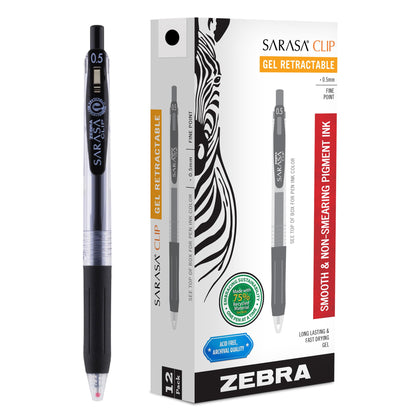 Zebra Pen SARASA Clip Retractable Gel Pen, 0.5mm Fine Point, Black Ink, Water-Based, Ideal for Office and School, Journal, Note Taking and Planner Use, 75% Recycled, 12-Pack (47310)