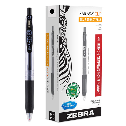 Zebra Pen SARASA Clip Retractable Gel Pen, 0.5mm Fine Point, Black Ink, Water-Based, Ideal for Office and School, Journal, Note Taking and Planner Use, 75% Recycled, 12-Pack (47310)