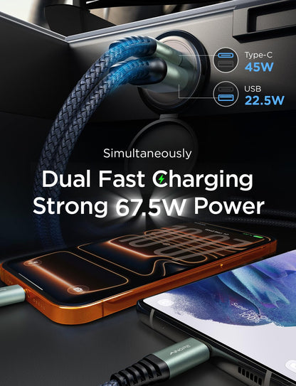 AINOPE 67.5W Mini Car Charger USB C Fast Car Charger (with 60W USB C Cable) for iPhone 17 Car Charger, All Metal Cigarette Lighter Adapter, Car Accessories Adapter for iPhone 17 16 Samsung Android
