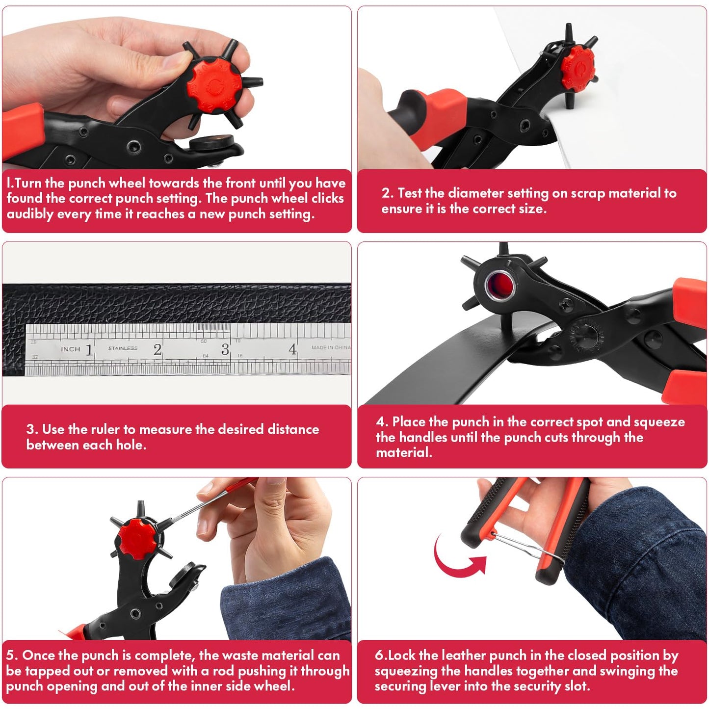 XOOL Revolving Punch Plier Kit, Leather Hole Punch Set for Belts, Watch Bands, Straps, Dog Collars, Saddles, Shoes, Fabric, DIY Home or Craft Projects, Heavy Duty Rotary Puncher, Multi Hole Sizes Make