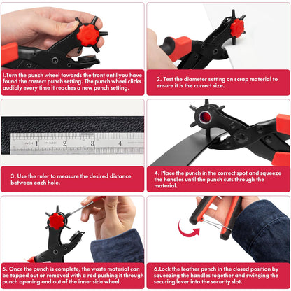 XOOL Revolving Punch Plier Kit, Leather Hole Punch Set for Belts, Watch Bands, Straps, Dog Collars, Saddles, Shoes, Fabric, DIY Home or Craft Projects, Heavy Duty Rotary Puncher, Multi Hole Sizes Make