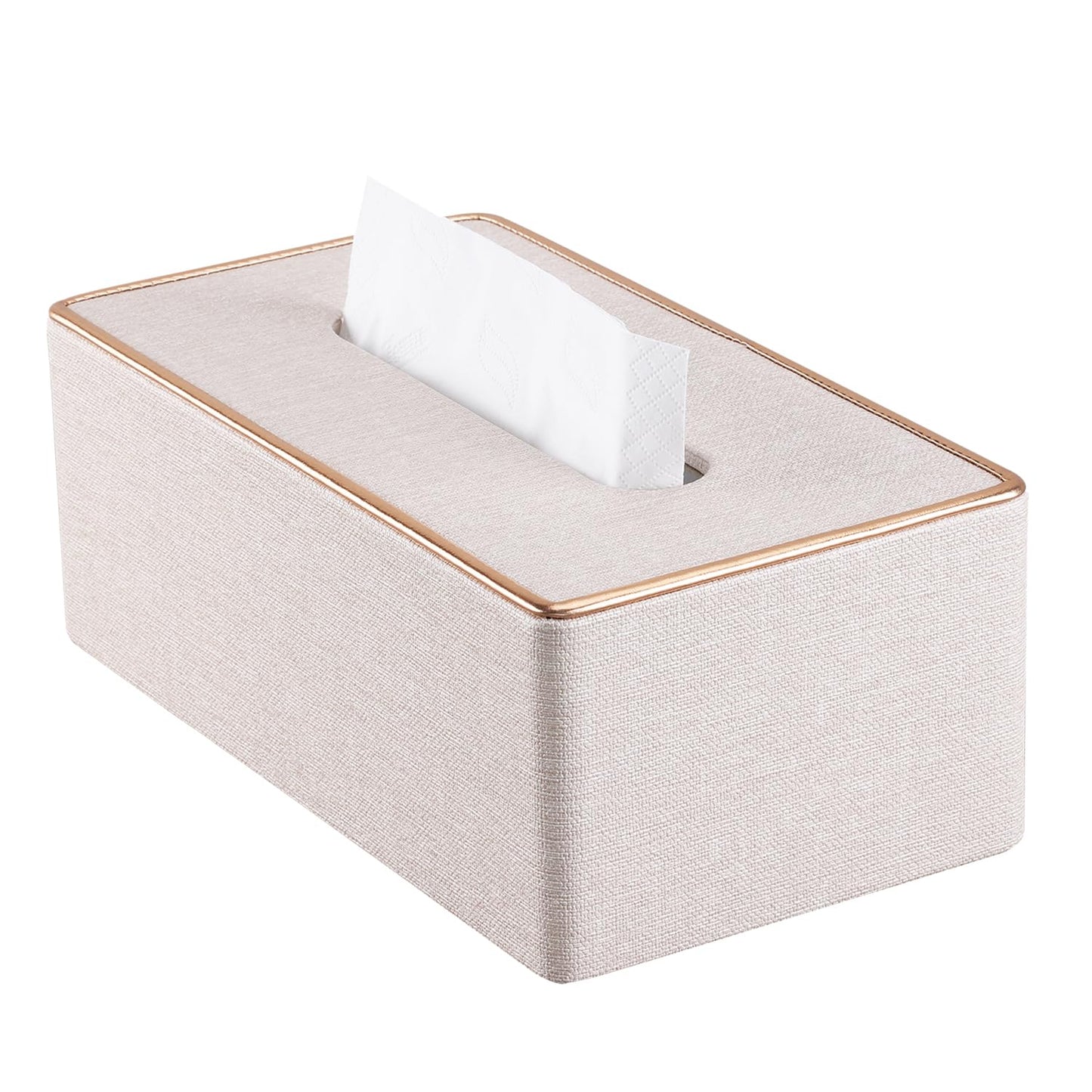 KINGFOM Rectangular PU Leather Tissue Box Holder, Facial Tissue Case Napkin Dispenser for Home Office Car Automotive Decoration with Gold Line(Pearl White-L)
