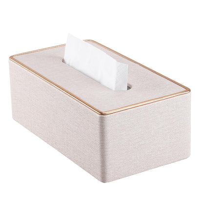 KINGFOM Rectangular PU Leather Tissue Box Holder, Facial Tissue Case Napkin Dispenser for Home Office Car Automotive Decoration with Gold Line(Pearl White-L)