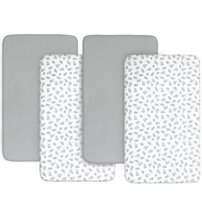 Bassinet Fitted Sheet(33" x 20"), 4 Pack for Most Bedside Sleeper Bassinet, Bassinet Sheets, Breathable & Soft Polyester, Grey Leaf