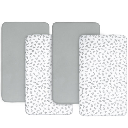 Bassinet Fitted Sheet(33" x 20"), 4 Pack for Most Bedside Sleeper Bassinet, Bassinet Sheets, Breathable & Soft Polyester, Grey Leaf