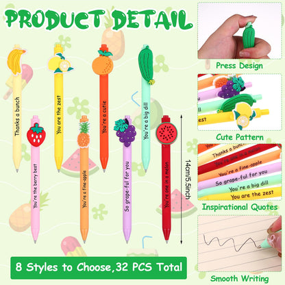 36 Sets Inspirational Fruit Pens Gifts Bulk Motivational Fruit Ballpoint Pen with Emotional Support Positive Cards Thank You Staff Gifts Employee Appreciation Gift for Coworker Team Teacher Student