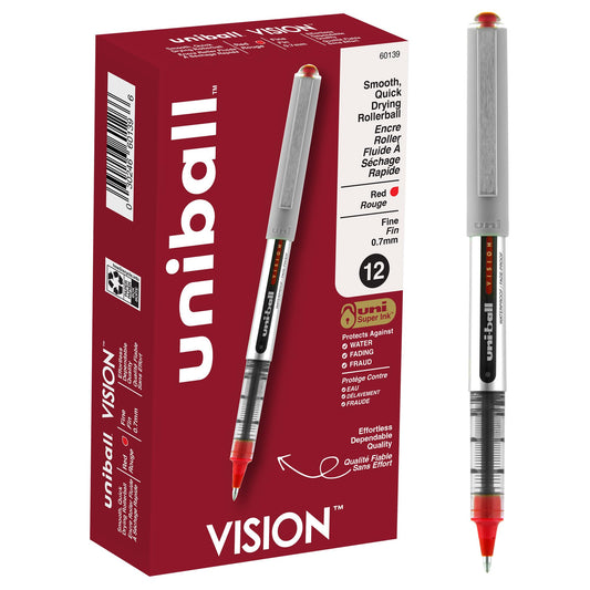 uni-ball VISION Rollerball, Stick Roller Ball Pen Fine-0.7mm, 12 Pack, Red Ink (60139)