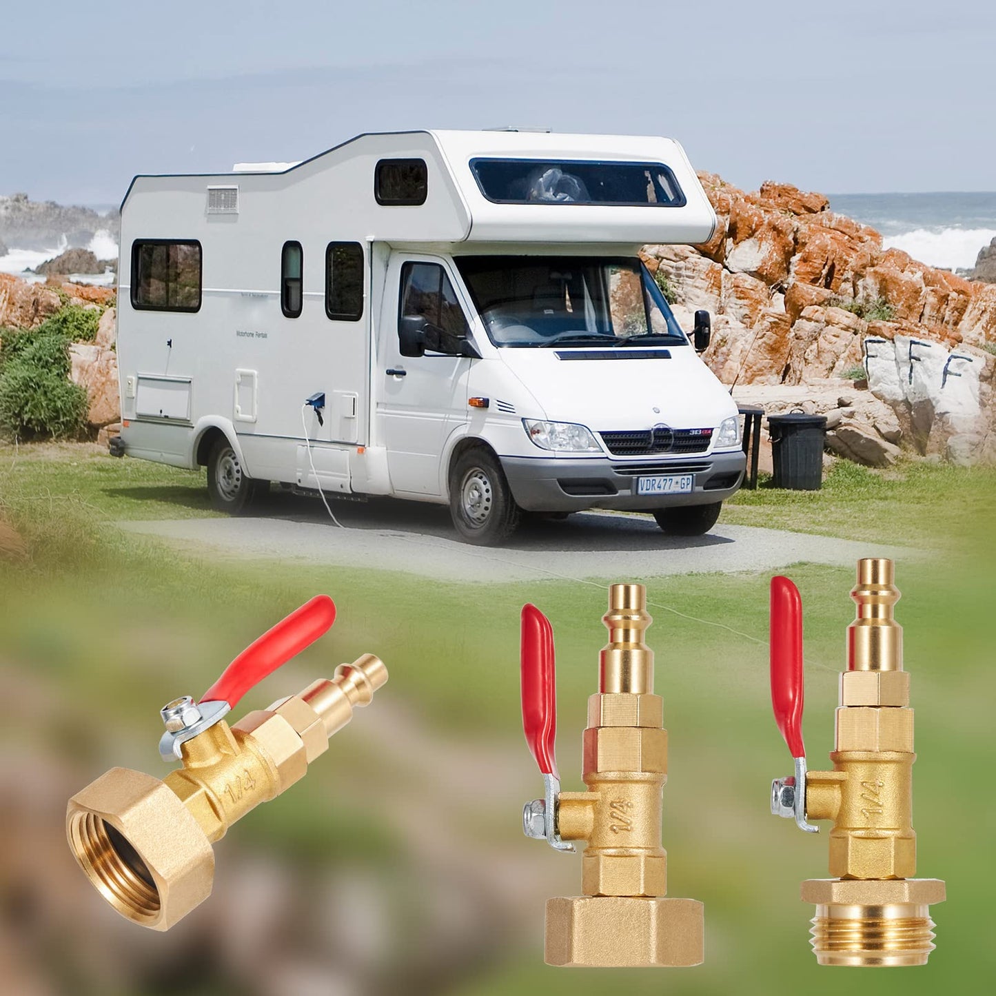 Brass Winterize Blowout Adapter,1/4 Inch Male Quick Connecting Plug and 3/4 Inch Male GHT Thread,With Ball Valve and 2 Pcs Washers For Blow Out Water to Winterize Sprinkler Systems (female&male)