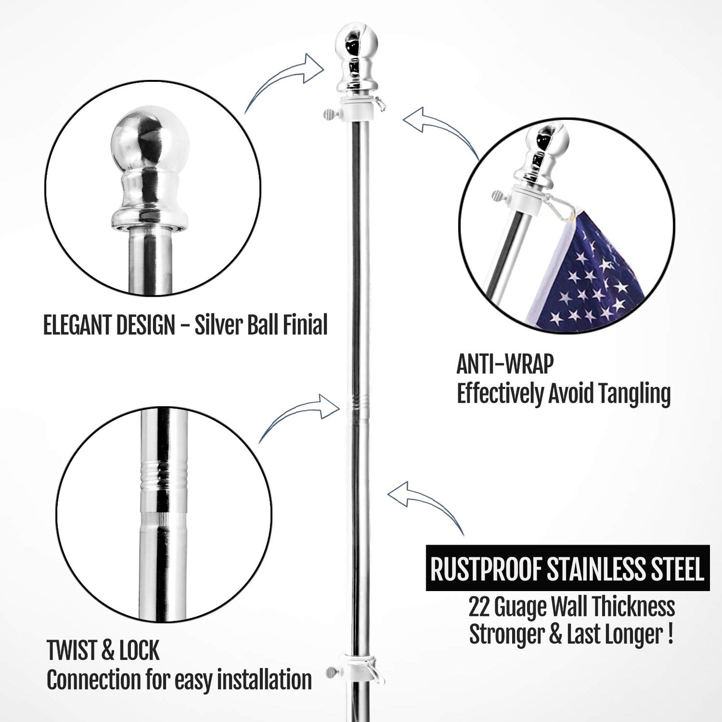 Anley 6 FT Stainless Steel Flag Pole Kit with Tangle Free Rotating Rings - Adjustable Length, Heavy Duty & Rustproof Flag Pole for House, Yard and Commercial (1 Inch Dia.)