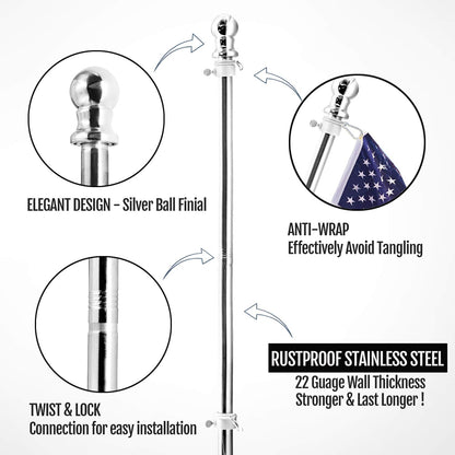 Anley 6 FT Stainless Steel Flag Pole Kit with Tangle Free Rotating Rings - Adjustable Length, Heavy Duty & Rustproof Flag Pole for House, Yard and Commercial (1 Inch Dia.)
