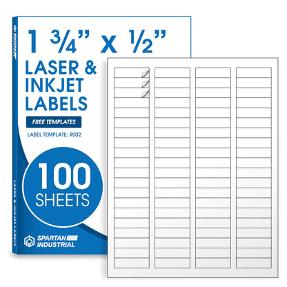 1 3/4" X 1/2" Matte White Return Address Labels Compatible with Inkjet and Laser Printers - 100 Sheets, 8000 Small Printable Stickers for Mailing and Barcodes - Spartan Industrial Template R002