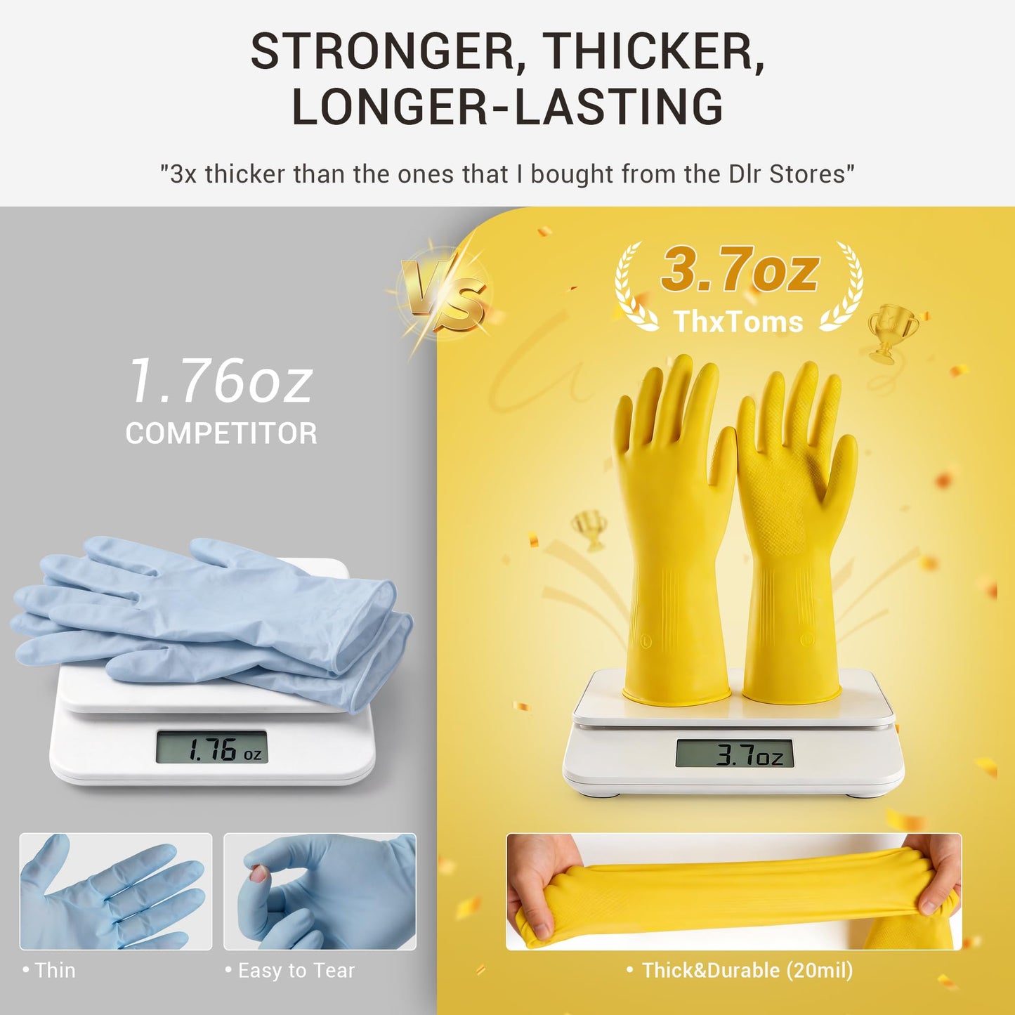ThxToms 10 Pairs Rubber Cleaning Gloves, Reusable Household Dishwashing Gloves for Women Men, Kitchen and Bathroom Cleaning, Gardening, Pet Care, Extra Thickness, 20 Mil, 13", Heavy Duty, Non-Slip, L