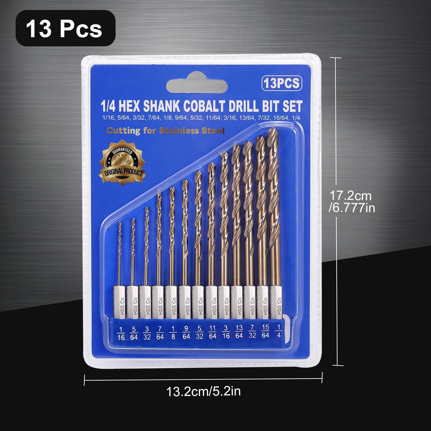 Sinyeenglon Cobalt Drill Bit Set for Hardened Metal and Stainless Steel, 13Pcs 1/16" -1/4" M35 HSS Hex Shank Impact Drill Bits, with Index Holder