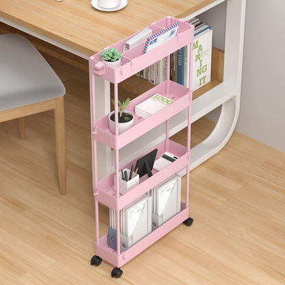 SPACELEAD Slim Storage Cart 4 Tier,Bathroom Storage Organizer Rolling Utility Cart, Mobile Shelving Unit Slide Out Storage Cart for Office, Bathroom, Kitchen, Laundry Room & Narrow Places， Pink