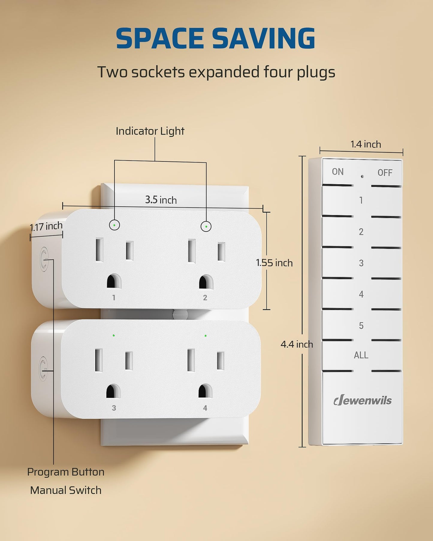 DEWENWILS Indoor Remote Control Outlet, 15A/1875W Remote Outlet 2 Pack, 4 Independent Control, 1 Main Control, 100FT Range, Remote Outlet Switch for Vacs, Lamp, Fan, Christmas Light White