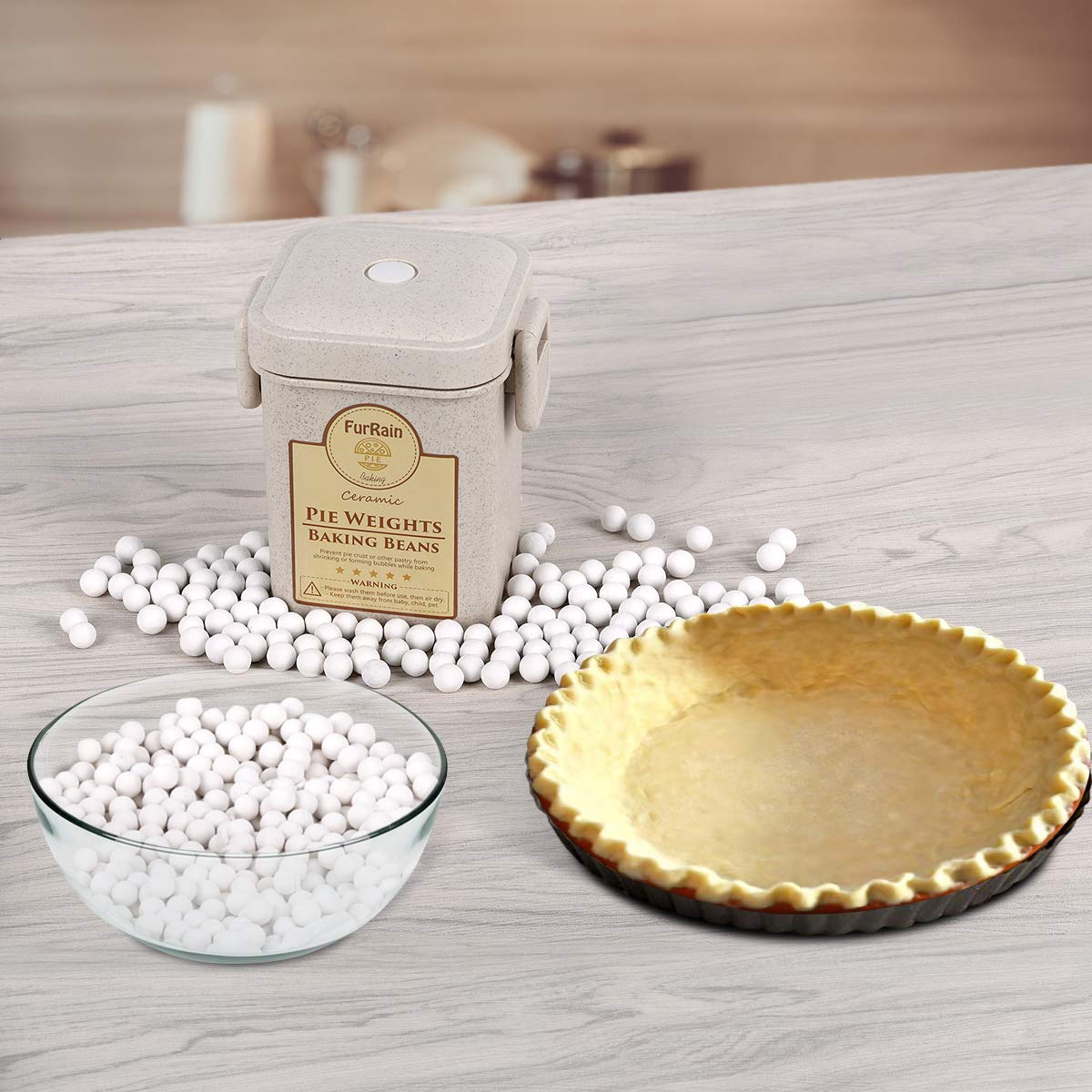 Ceramic Pie Weights Reusable 10mm Baking Beans Pie Crust Weights Natural Ceramic Stoneware with Wheat Straw Container (1PCS (1.2 LB))