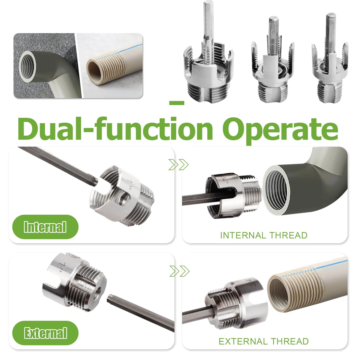 Bestgle 3 Pcs Integrated Internal & External Pipe Threading Tools, Dual Function Pipe Thread Cutting Tool Electric Drill Compatible PVC Plastic Pipe Threader Kit, 1/2" 3/4" 1" Pipe Size Rethreading