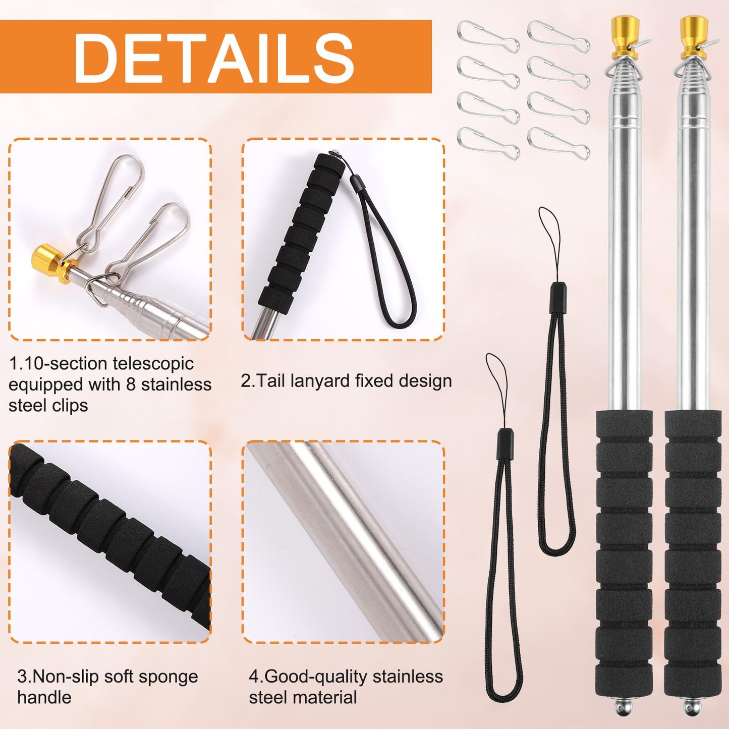 2pcs 9.84ft Telescopic Handheld Flagpoles with Clips, Stainless Steel Telescopic Banner Pole Portable Tour Guide Flag Pole Pointer Stick for Teacher (Black)
