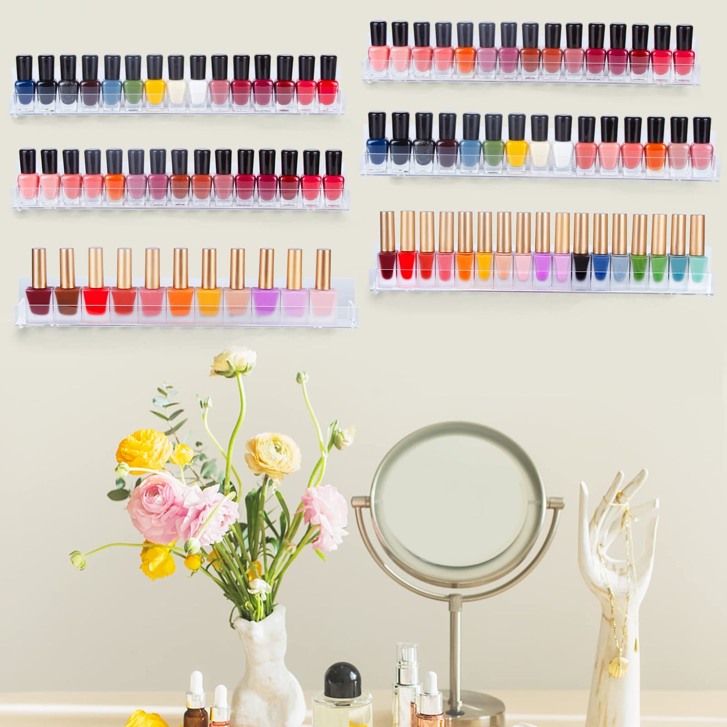 AMEITECH 6 Pack Acrylic Nail Polish Rack, Clear Wall Mounted Shelf Holder 90 Bottles, Nail Polish Organizer and Storage with Anti-Slip End Inserts, 15 Inch