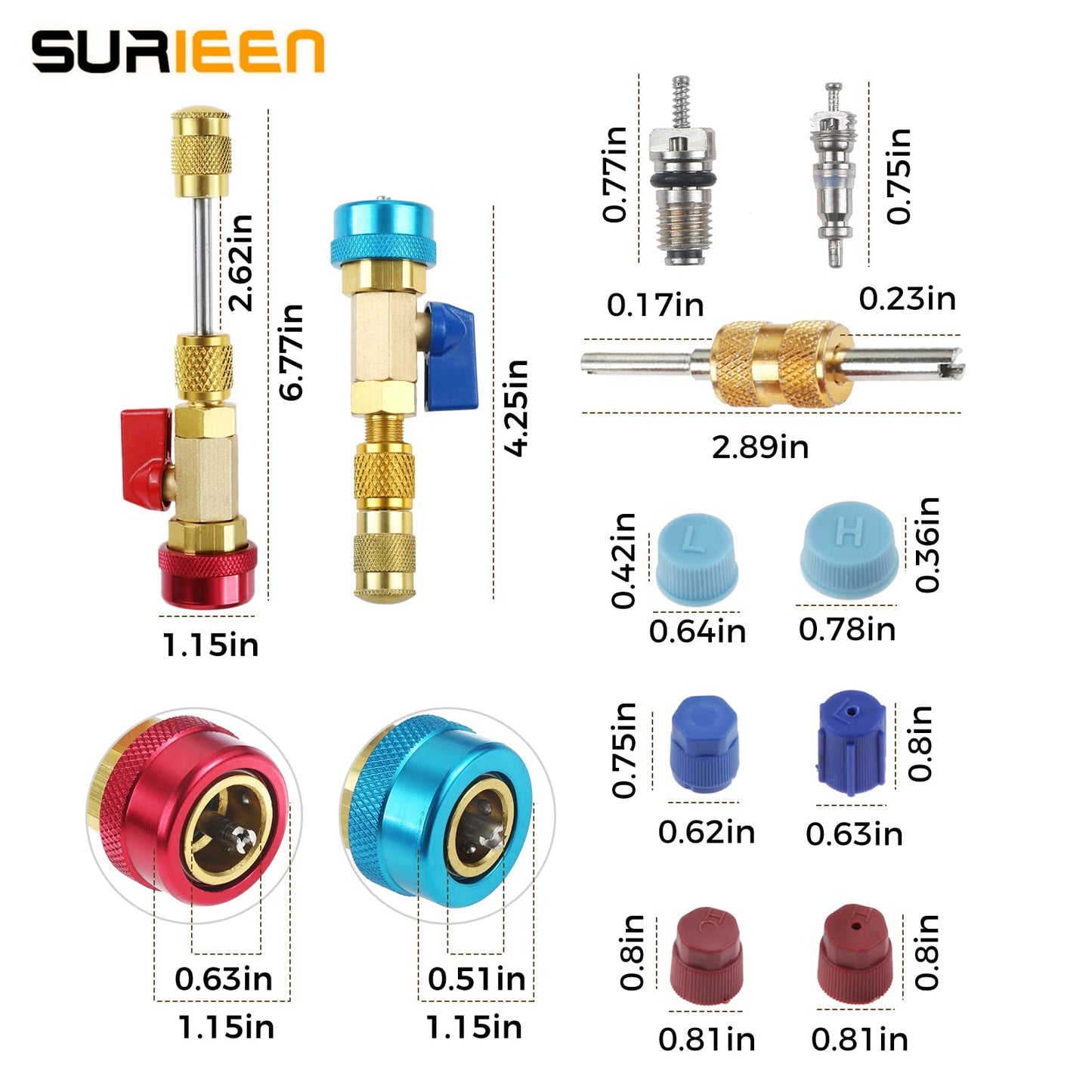 Surieen R134A Valve Core Quick Remover Installer Tool Set, AC High Low Pressure Valve Core Remover Tools Kit for R134A Refrigerant Air Conditioner System