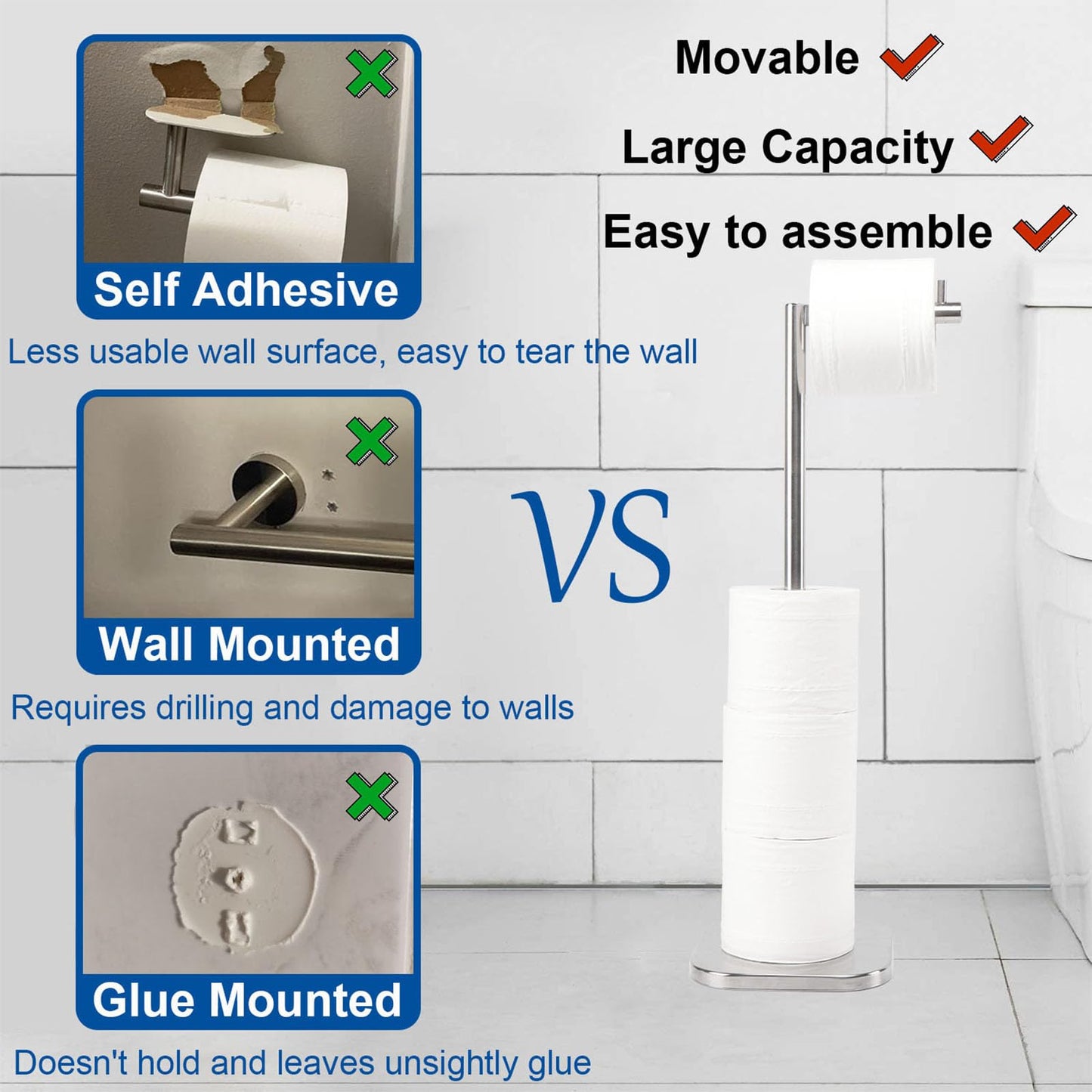TocTen Toilet Paper Holder Stand, Free Standing Toilet Paper Holder with Reserve, Stainless Steel Weighted Base Toilet Tissue Paper Roll Storage Holder for 5 Rolls of Toilet Tissue(Brushed Nickel)