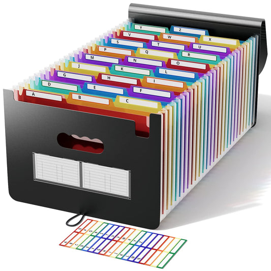 26 Pockets Accordian File Organizer/Plastic Expanding File Folder A4 Letter Size/Portable Expandable Filling Box/Accordion Document Coupon Bill Receipt Organizer, A-Z Alphabet Dividers Colored Tabs