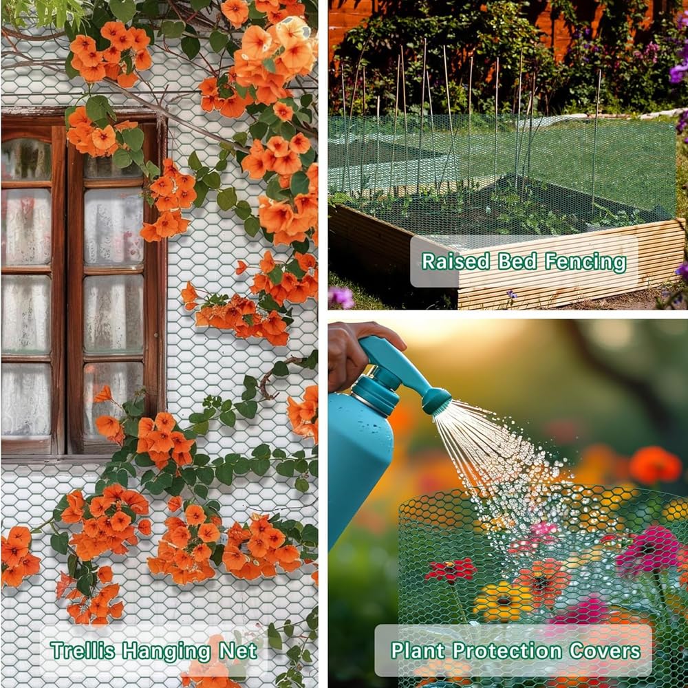 15.7 x 197 Inch Plant Protectors from Animals,Free-Cut Metal Mesh Outdoor Plant Cages,Guards Fence Chicken Wire Cloche with Ground Stakes & Ties to Keeping Rabbits Squirrels Chicken Animals Out