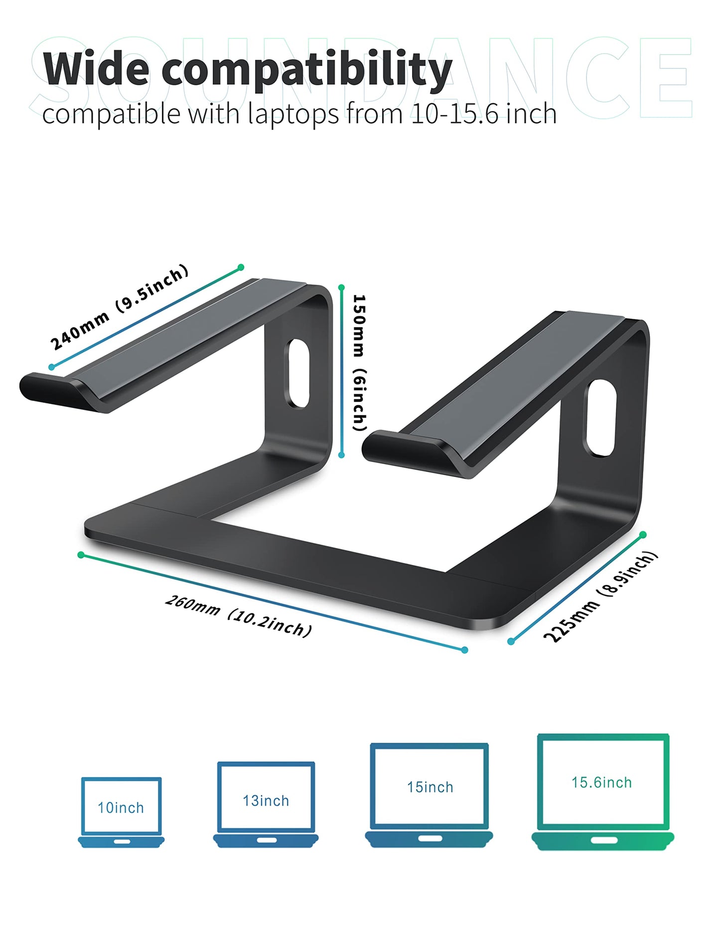 SOUNDANCE Laptop Stand, Aluminum Computer Riser, Ergonomic Laptops Elevator for Desk, Metal Holder Compatible with 10 to 15.6 Inches Notebook Computer, Black