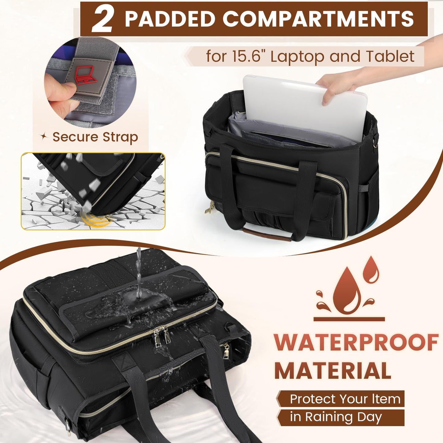 RAINSMORE Teacher Tote Bag 15.6 inch Laptop Bag for Women Large Work Teacher Bag Nurse Bag Professional Computer Messenger Bag Canvas Tote Bags Briefcase Handbag for Nursing, College, Office, Black