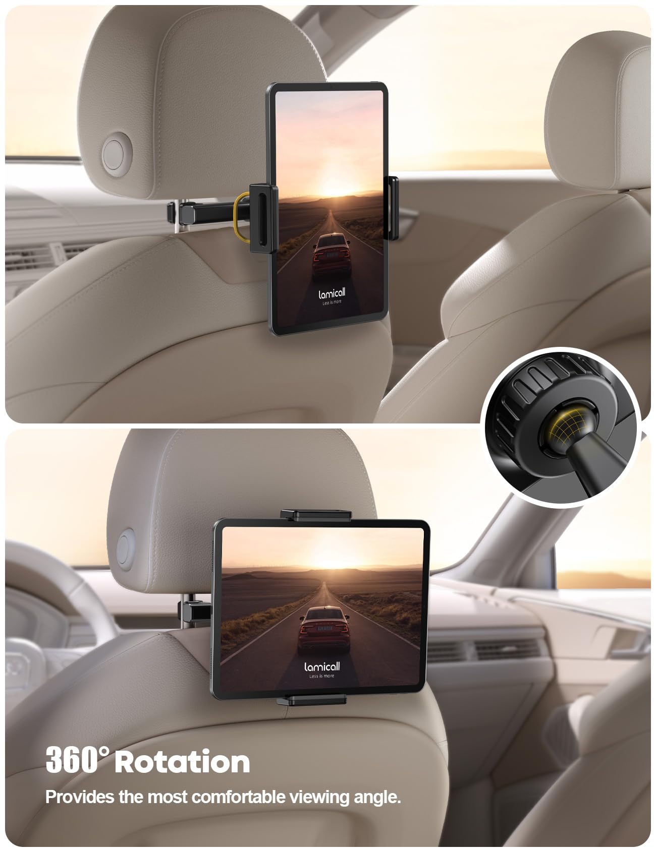 Car Tablet Holder, Headrest Tablet Mount - Lamicall Universal 360 Rotating Car Seat Stand Cradle for All 4.7"-13" Tablet, iPad Pro 10.5, 12.9, iPad Air Mini, Switch, Samsung Tab, Accessories, Mom Gift