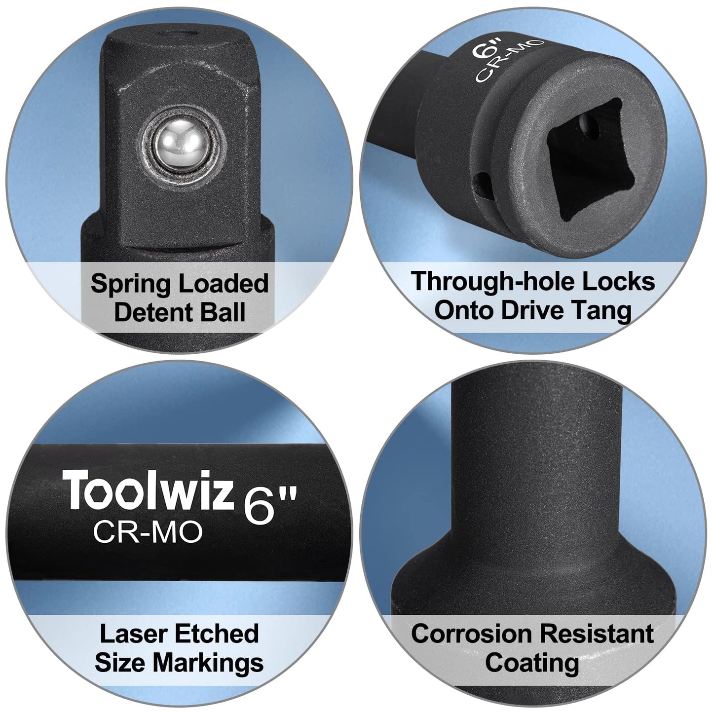 Toolwiz 3/4” Drive Impact Extension Bar 4”, 6”, 10” (3 Piece) Cr-Mo Steel, Expand The Range of Impact Drivers, Organized in PVC Box - Black 3/4 Ratchet Wrench Extension Bar Socket Set