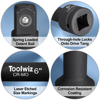 Toolwiz 3/4” Drive Impact Extension Bar 4”, 6”, 10” (3 Piece) Cr-Mo Steel, Expand The Range of Impact Drivers, Organized in PVC Box - Black 3/4 Ratchet Wrench Extension Bar Socket Set