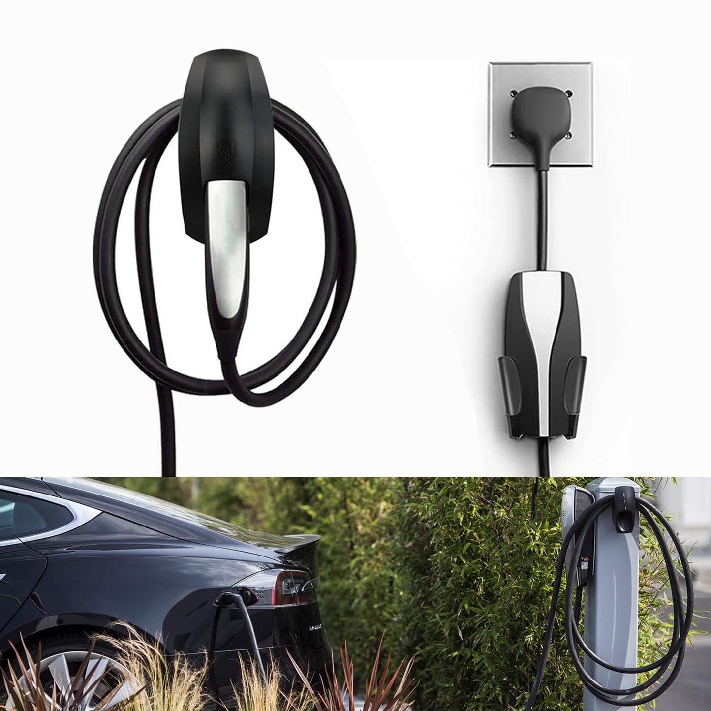 Seven Sparta Charging Cable Holder with Chassis Bracket Compatible with Tesla Model 3 Model Y Model X Model S Charger Cable Organizer Car Accessories Wall Connector (Black)