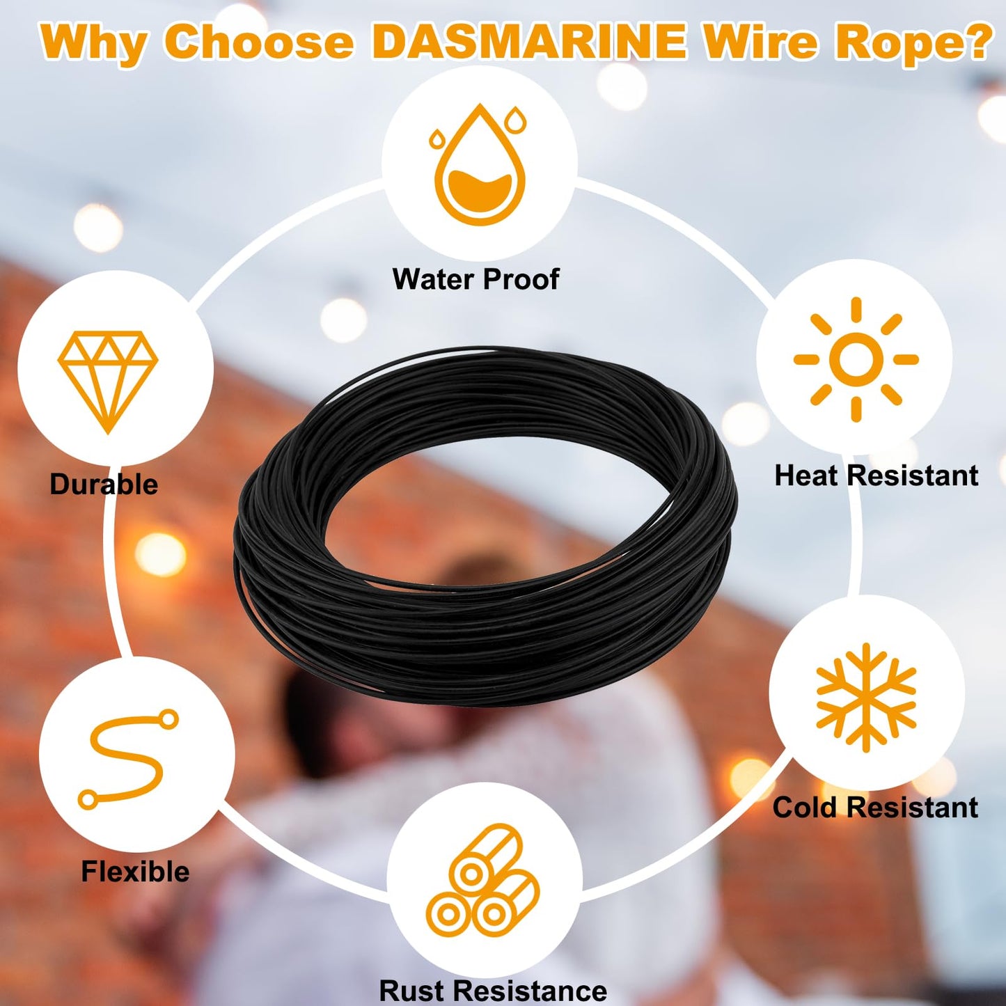 DasMarine 164FT Vinyl Coated Stainless Steel Cable - 304 Stainless Steel, 7x7 Strand Core, 1/16" Bare OD, 3/32" Coated OD Wire Rope - Outdoor Light Guide Wire with Black Vinyl Coating