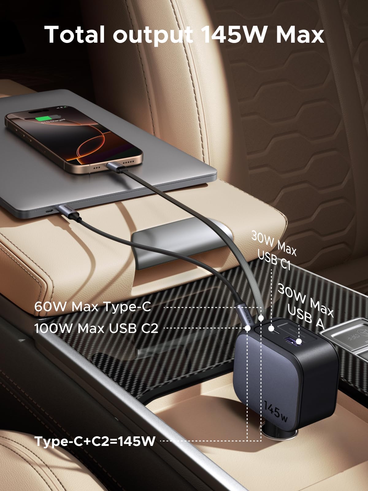 UGREEN 145W Retractable Car Charger, 4-Ports Car Phone Charger Fast Charging with 60W Retractable USB C Cable, Cigarette Lighter Adapter Compatible with iPhone 17 16 15 Pro Max, Galaxy S25 S24 Ultra