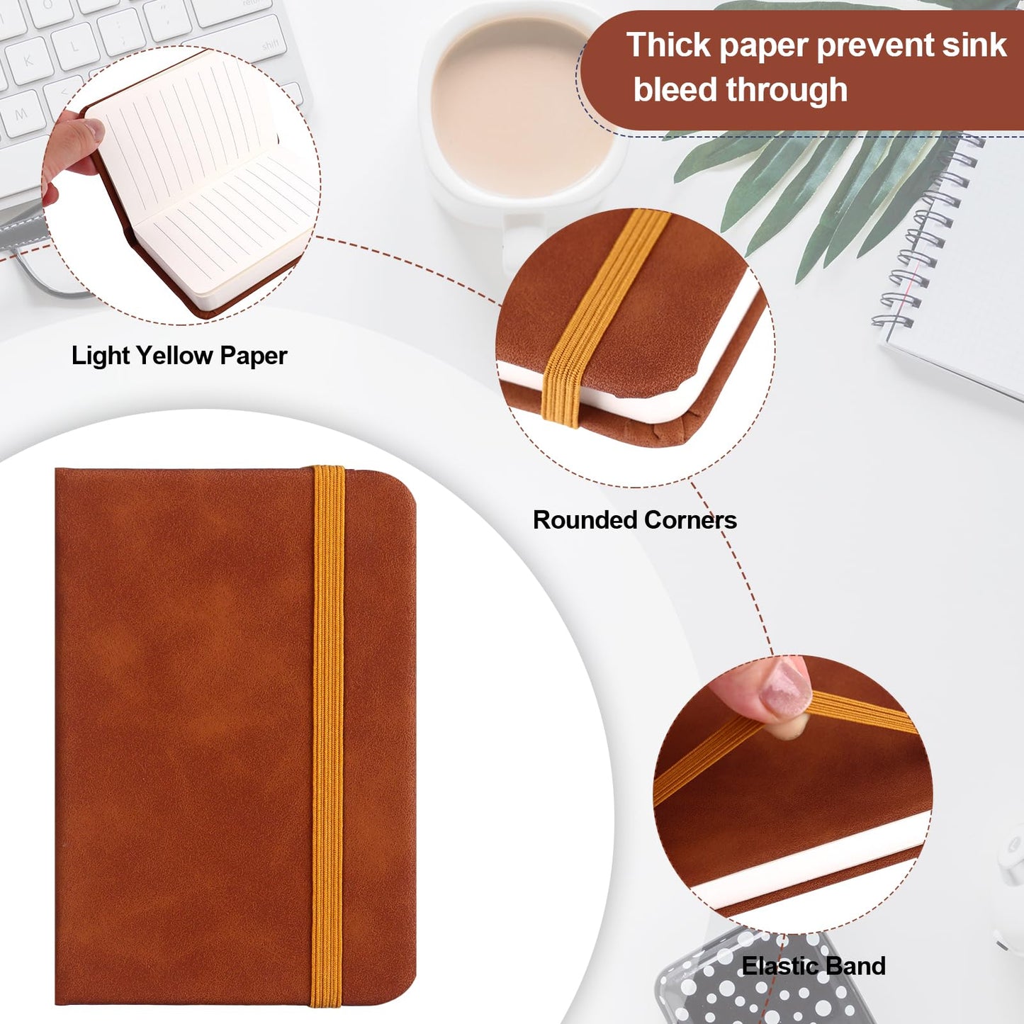 10 Pcs Leather Pocket Notebook A7 Note Book Pocket Hardcover Notepad 3 x 4 Inch Mini Notepad Tiny Lined Journal Notebook With Elastic Band 200 Pages for Office Home School Writing Supplies (Brown)